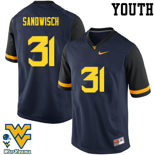 Youth #31 Zach Sandwisch West Virginia Mountaineers College Football Jerseys-Navy - Click Image to Close